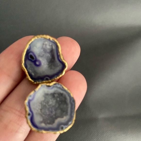 None Jewelry - Druzy Slice Earring Purple Blue Stud Geode Gold Edge Earring Fashion Jewelry